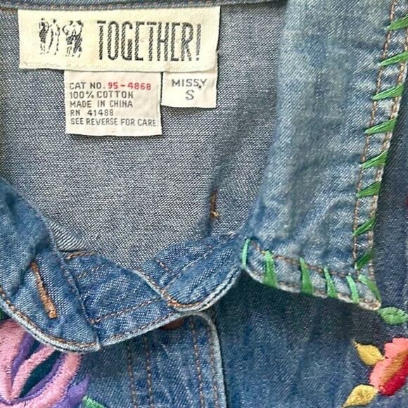 90s Vintage Oversized Western Denim Embroidered Flowers Cowgirl Cottagecore SM - Picture 4 of 10